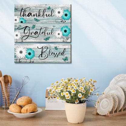 Geetery 3 Pcs Thankful Grateful Blessed Wooden Signs Rustic Daisy Wood Wall Decor Inspirational Wall Art Signs Rustic Wooden Hanging Decorations for Bedroom Kitchen Living Room Bathroom Home (Blue)