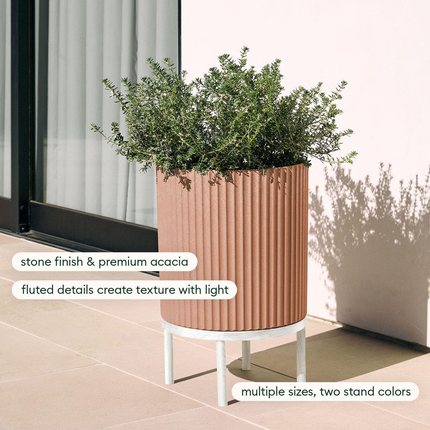 Veradek Demi Series Round Planter w/ Stand for Porch/Patio | Durable Plastic-Concrete & Wooden Stand | Modern Décor for Tall Plants, Flowers