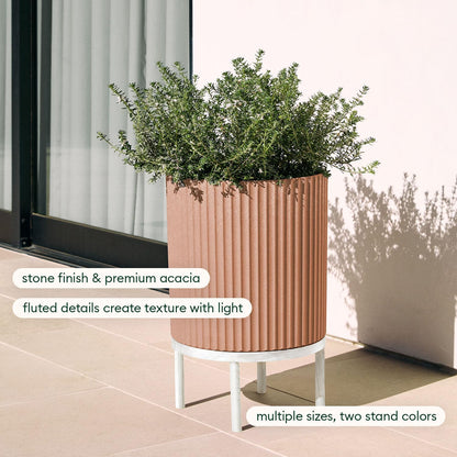 Veradek Demi Series Round Planter w/ Stand for Porch/Patio | Durable Plastic-Concrete & Wooden Stand | Modern Décor for Tall Plants, Flowers