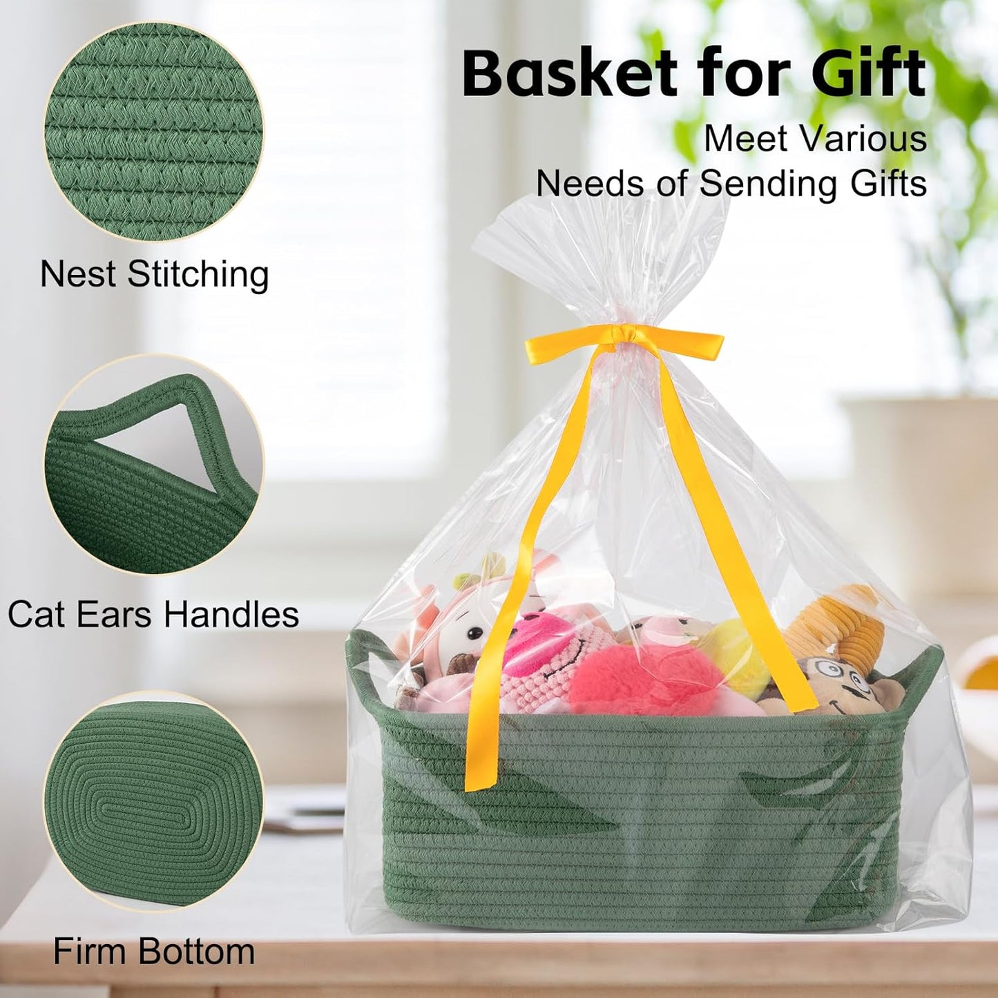 OIAHOMY Woven Basket, Gift Basket Empty with Gift Bags and Ribbons, Rope Baskets for Baby Showers, Storage Baskets with Handles for Nursery, Pet Toy Organizer - White