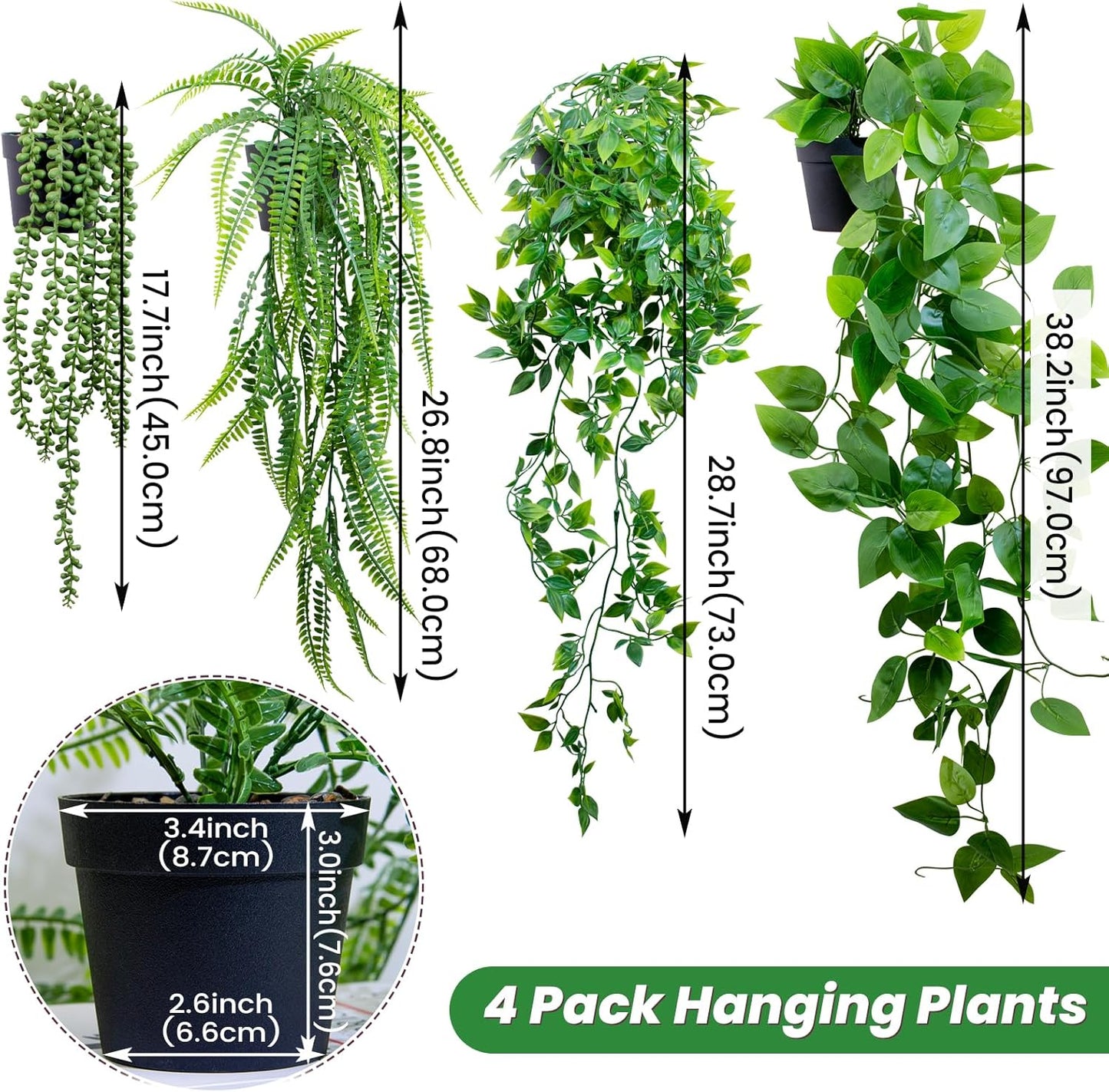 LOYWREE Fake Plants Indoor Artificial String of Pearls Plant in Black Pots, Realistic Green Faux Succulent Hanging Plants for Shelf Decor Desk Home Garden Decorations