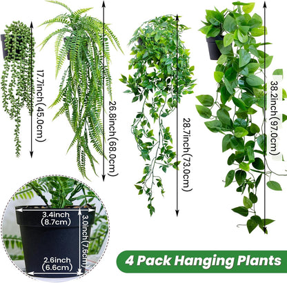 LOYWREE Fake Plants Indoor Artificial String of Pearls Plant in Black Pots, Realistic Green Faux Succulent Hanging Plants for Shelf Decor Desk Home Garden Decorations
