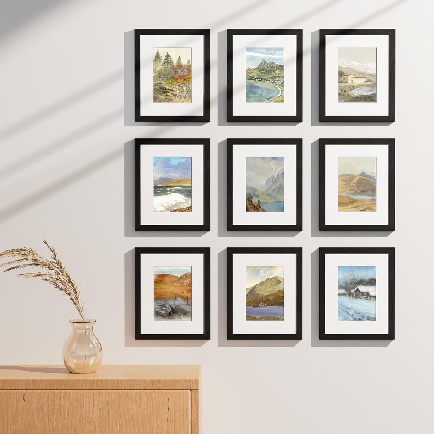 Vittanly 8x10 Picture Frames Set of 9, Shatter Resistant Plexiglass, Display 5x7 Pictures with Mat or 8x10 without Mat, Photo Frames for Wall or Tabletop, Engineered Wood, Black - Colors A