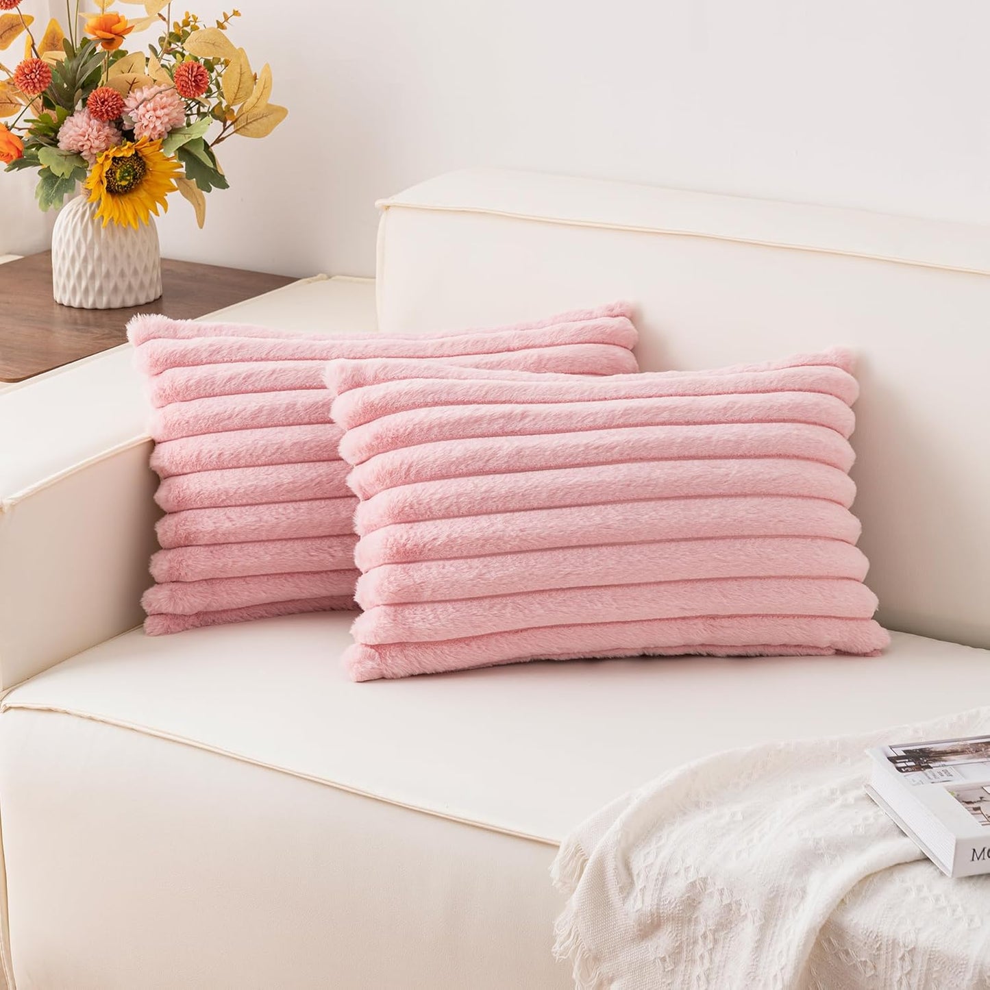 Aegero Pack of 2 Faux Fur Christmas Throw Pillow Covers 18x18 Inch, Soft Plush Striped Neutral Couch Pillow Cover, with Velvet Back Modern Home Decor for Sofa Living Room Couch Bed Cream White