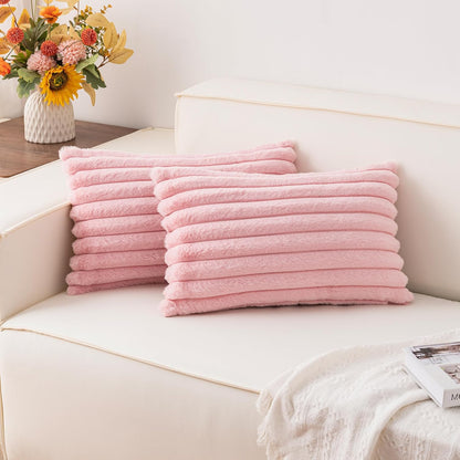 Aegero Pack of 2 Faux Fur Christmas Throw Pillow Covers 18x18 Inch, Soft Plush Striped Neutral Couch Pillow Cover, with Velvet Back Modern Home Decor for Sofa Living Room Couch Bed Cream White