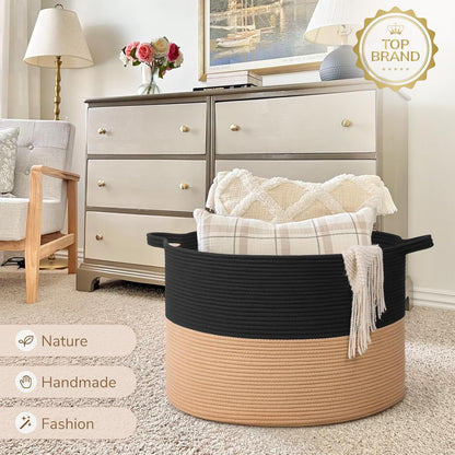 INDRESSME XXXLarge Blanket Basket for Living Room 21.7" x 21.7" x 13.8"-Storage Basket with Handle for Organizing Toy Pillows Woven Cotton Rope Laundry Basket Stuffed Animal Toy Storage for Play Room