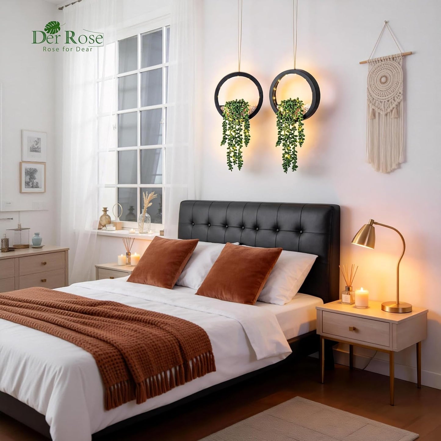 Der Rose 2 Pack Lighted Hanging Plants, Artificial String of Pearls Succulents with Warm LED Lights, Aesthetic Fake Plants for Black Bathroom Bedroom Living Room Wall Decor, Party & Gift for Women