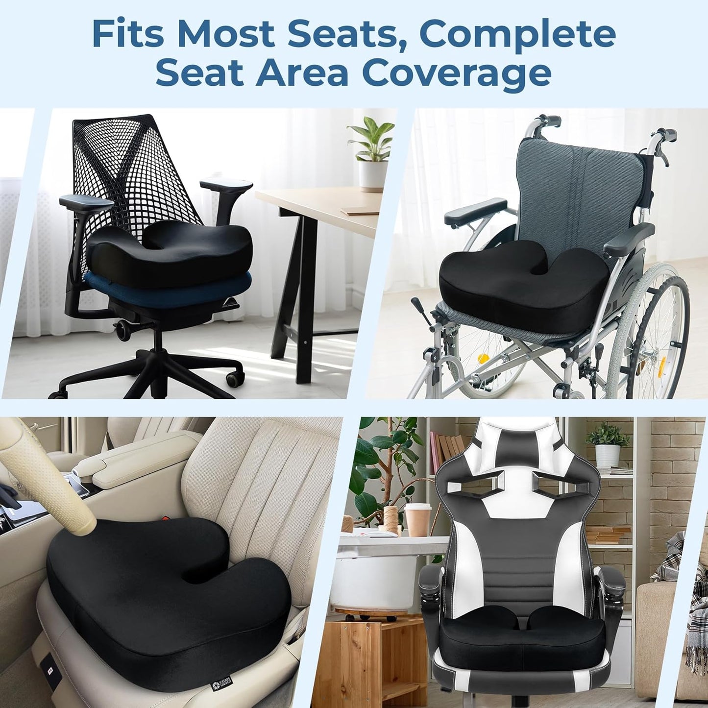 5 STARS UNITED Seat Cushion - Memory Foam Chair Cushion for Tailbone Pain Relief - Ergonomic Support for Coccyx, Sciatica & Butt - Office, Desk & Gaming Chair, Car Seat, Wheelchair, Airplane, Black