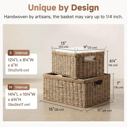 StorageWorks Wicker Basket, Baskets for Organizing, Storage Basket with Built-in Handles, Water Hyacinth Shelves (Medium 2-Pack, Natural Hyacinth)