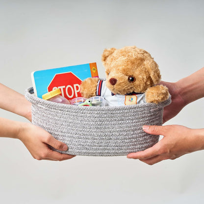Small Woven Gift Basket Empty with Bag & Ribbon - Gifts for Mom, Baby Shower, Birthdays & Raffle - Cotton Rope Storage Basket for Dog Toys or Shelf - 12"x8"x5", White