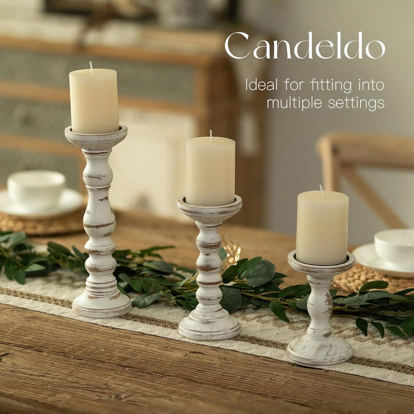 Candeldo Wood Candle Holders for Pillar: Rustic Candles Holder Set of 3 Tall Table Centerpiece Shabby Chic Decor Wooden White Farmhouse Decorations for Fireplace Mantle