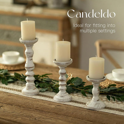 Candeldo Wood Candle Holders for Pillar: Rustic Candles Holder Set of 3 Tall Table Centerpiece Shabby Chic Decor Wooden White Farmhouse Decorations for Fireplace Mantle