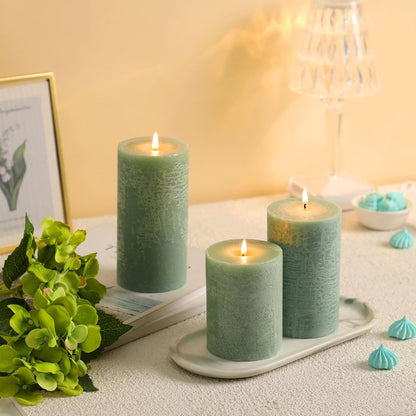 Sage Green Pillar Candles Set of 3 - Hand-Poured Unscented Candles,Smokeless Dripless Candles for Dinner Table and Home, Set of 3 in Different Sizes (3"x4", 3"x5", 3"x6")