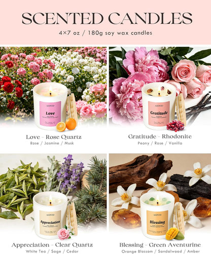 AOOVOO Calm Candles Set for Women - 4 Pack Candles for Home Scented, 28 oz 200 Hour Burn, Aromatherapy Candle with Crystals, Lavender Calm/Jasmine Serenity/Water Lily Pear Harmony/Patchouli Balance