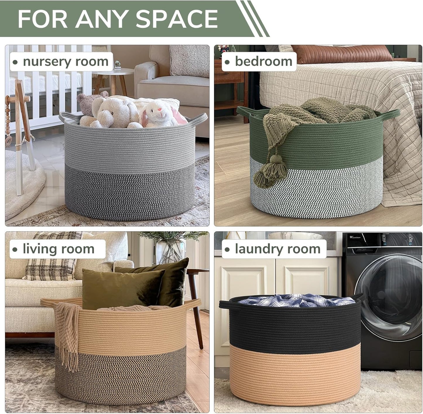 INDRESSME XXXLarge Blanket Basket for Living Room 21.7" x 21.7" x 13.8"-Storage Basket with Handle for Organizing Toy Pillows Woven Cotton Rope Laundry Basket Stuffed Animal Toy Storage for Play Room