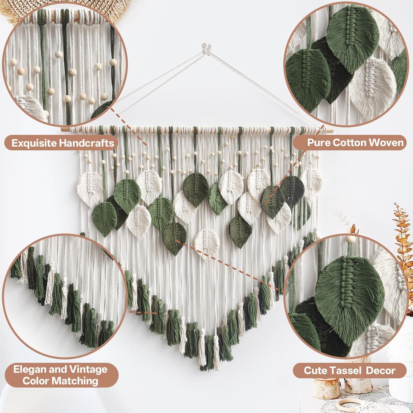 Lokeisna Macrame Wall Hanging, Woven Tapestry Beige & Dusty Rose Handmade Craft Macrame Wall Decor, Gallery & Nursery, Size 37.4” Lx27.5” W