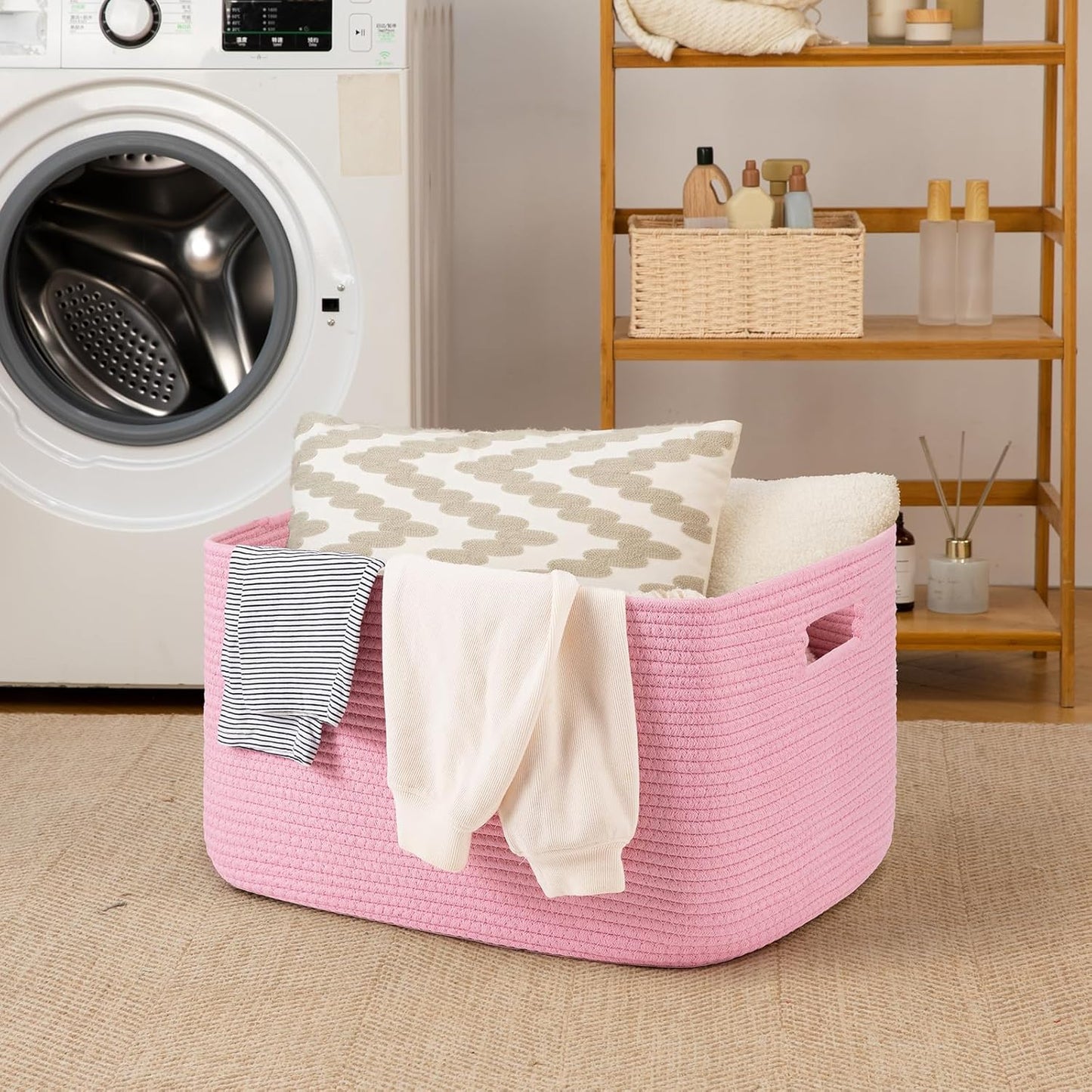 OIAHOMY 75L Large Woven Cotton Rope Storage Basket with Handle for Organizing Blanket and Toys for Living Room, Nursery, Brown Variegated 22”x17”x12”