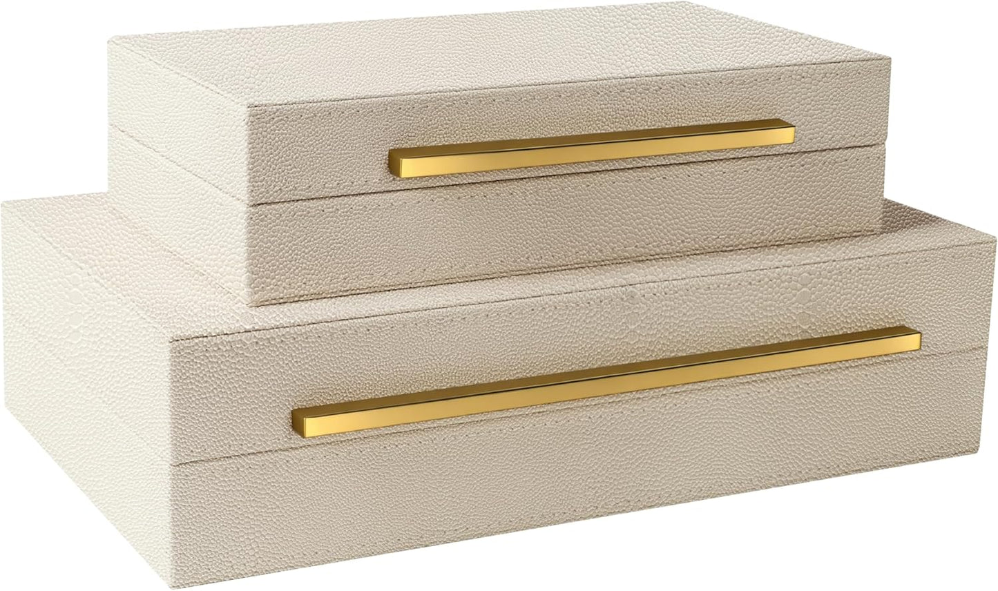 Sagala Set of 2 Ivory Shagreen Decorative Boxes With Black Metal Handles, Faux Leather Jewelry Boxes Modern Storage Boxes Photo Boxes Memory Boxes Home Organizer Box(Ivory)
