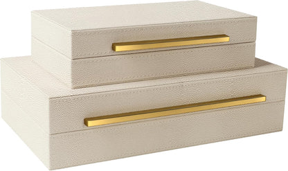 Sagala Set of 2 Ivory Shagreen Decorative Boxes With Black Metal Handles, Faux Leather Jewelry Boxes Modern Storage Boxes Photo Boxes Memory Boxes Home Organizer Box(Ivory)