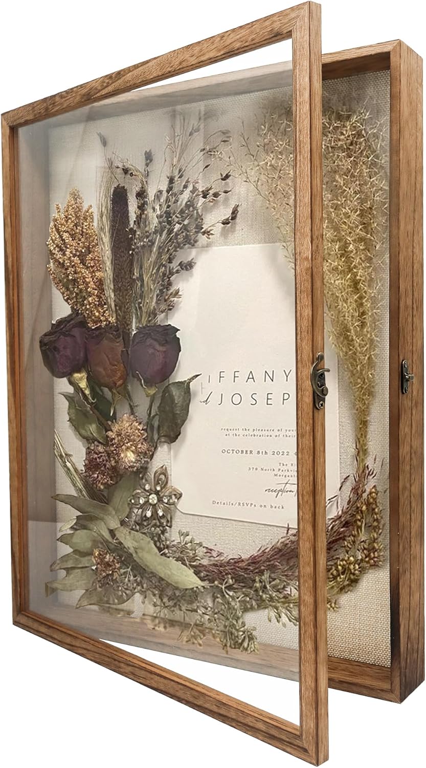 GraduationMall 13x16 Wood Shadow Box Frame Glass Door Display Case with Linen Back and 6 Stick Pins,1.5 inches Interior Depth,Ideal for Memorabilia Pictures Flowers Medals Tickets Rustic White