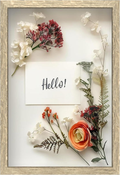 FrameWorks 11” x 14” Dark Oak Wooden Shadow Box Frame – Display Case with Soft Felt Back, Memory Box with Tempered Glass, Display Box with Elegant White Ball Push Pins, Wooden Flower Box