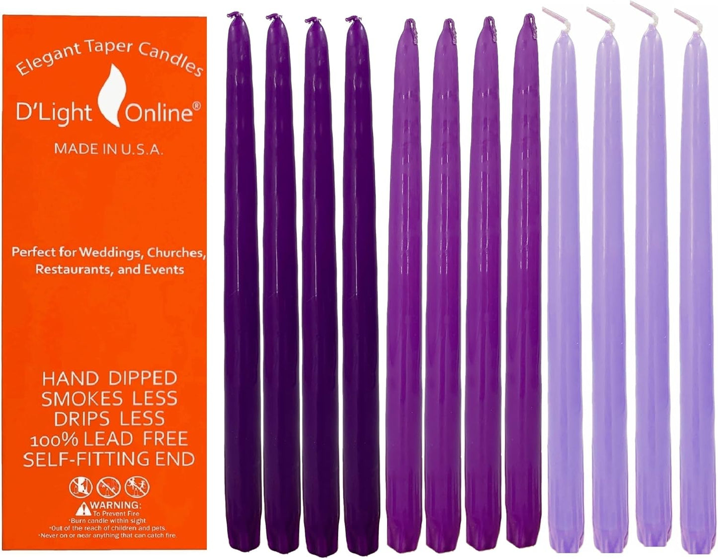 D'light Online White Taper Candles, 10 Inch Premium Quality Candles Hand-Dipped Tapered Candles, Dripless, Smokeless and Unwrapped Bulk Pack for Events - Set of 12 (10 Inch, White)