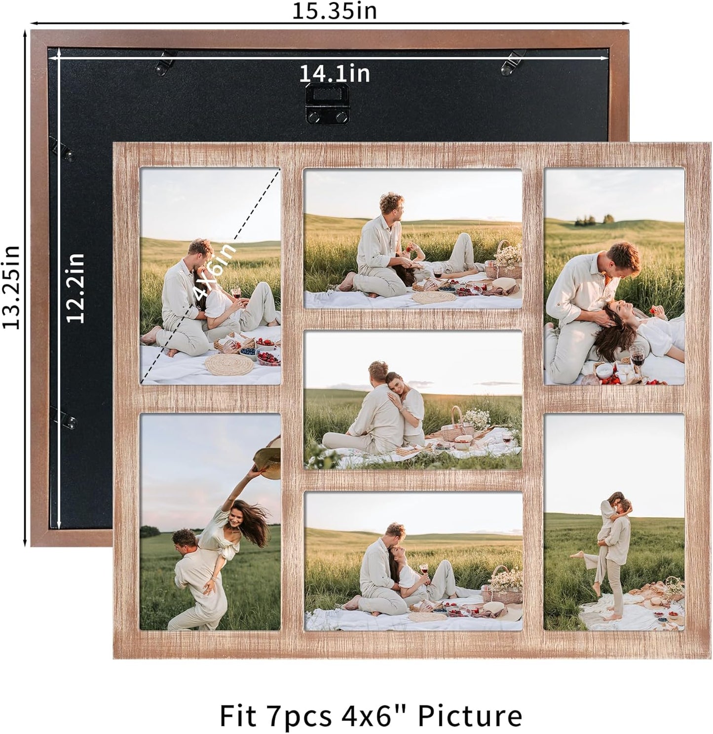 YESKAY 4x6 Picture Frame Collage for Wall Decor, Multiple Photo Collage Frames with Tempered Glass, 7-Opening for 4 x 6 Picture Frames, Rustic Brown, 1 Pack