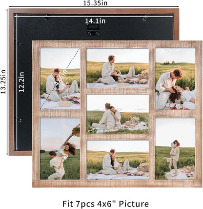 YESKAY 4x6 Picture Frame Collage for Wall Decor, Multiple Photo Collage Frames with Tempered Glass, 7-Opening for 4 x 6 Picture Frames, Rustic Brown, 1 Pack