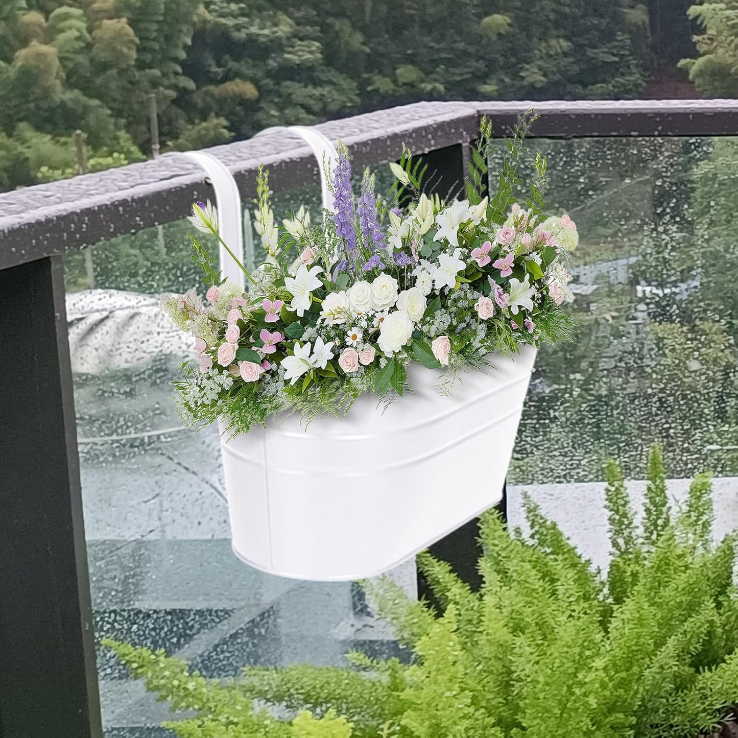 HowRU Metal Iron Flower Pots for Railing Fence Hanging Bucket Pots(5 Pcs) and Hanging Flower Pots Metal Iron Bucket Planter(10 Pcs) (Black)