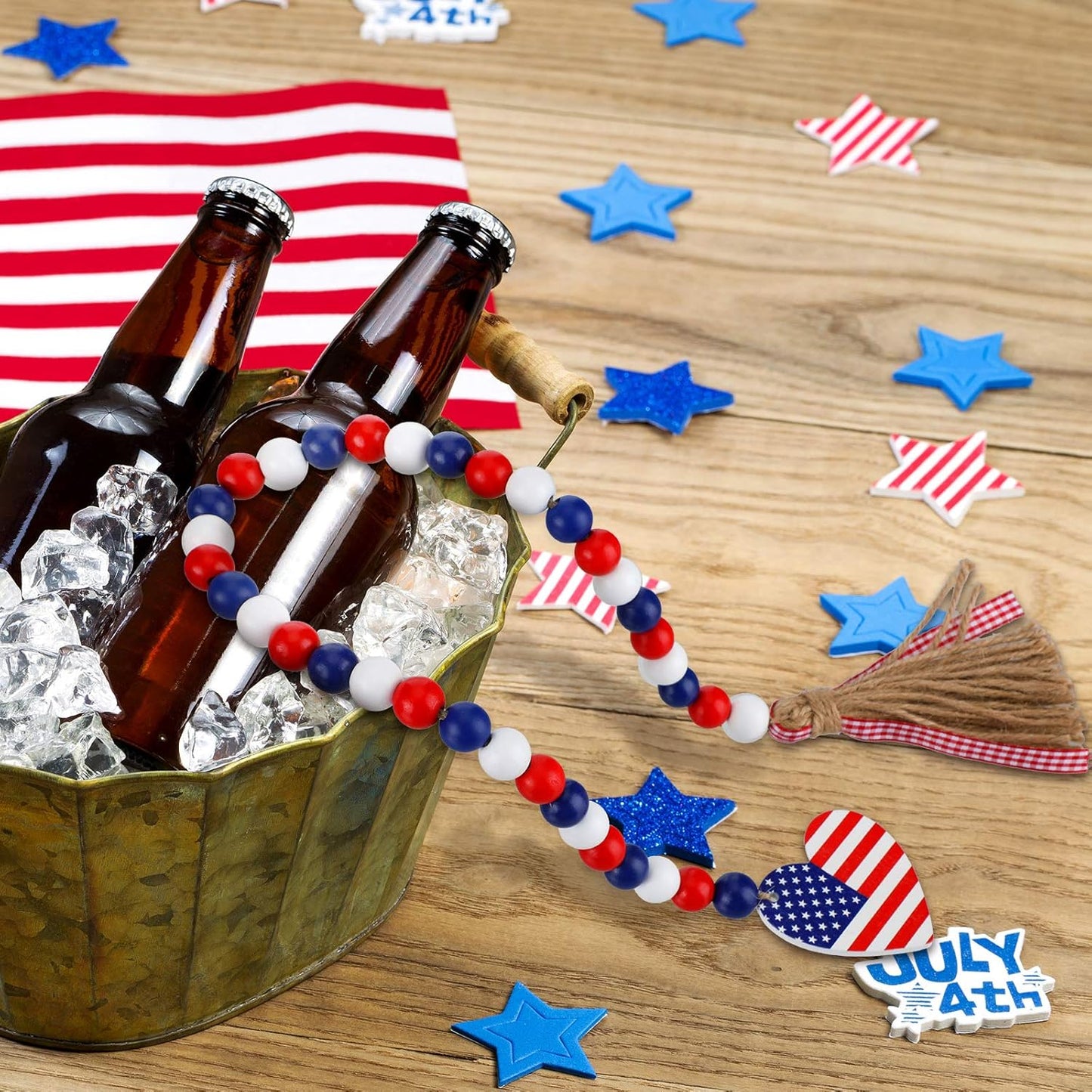 3 Pieces Independence Day Wood Bead Garland with Rustic Tassels 250 Th 4 of July USA Patriotic Wood Bead with American Flag and Wooden Heart Sign for Farmhouse Wall Hanging Prayer Beads Boho Decor