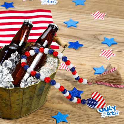 3 Pieces Independence Day Wood Bead Garland with Rustic Tassels 250 Th 4 of July USA Patriotic Wood Bead with American Flag and Wooden Heart Sign for Farmhouse Wall Hanging Prayer Beads Boho Decor