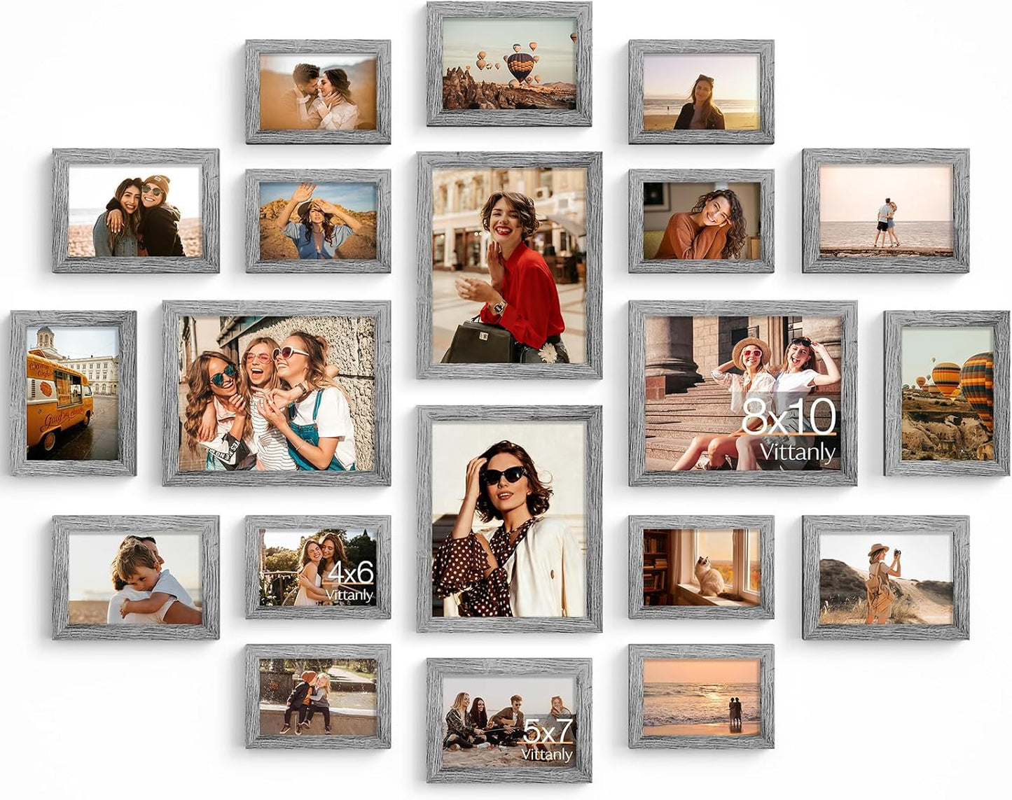 Vittanly 20 Pack Picture Frames Collage Wall Decor, Multi Sizes Including 4pcs 8x10, 8pcs 5x7 and 8pcs 4x6 Photo Frames, Gallery Frame Set for Wall or Tabletop Display, Black, Brown and Dark Grey