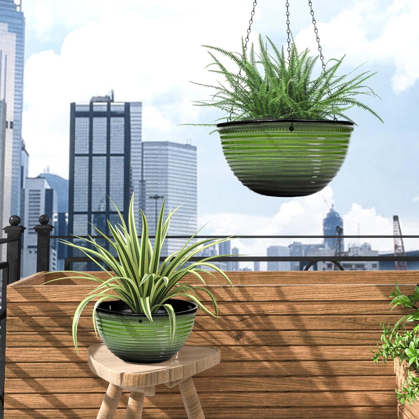 Vanslogreen 2 Pack Hanging Planters for Indoor Outdoor Plants, 10 Inch Hanging Planter with Drainage Hole & Plug Glazed Hanging Baskets Flower Pots for Garden Home (Blue)