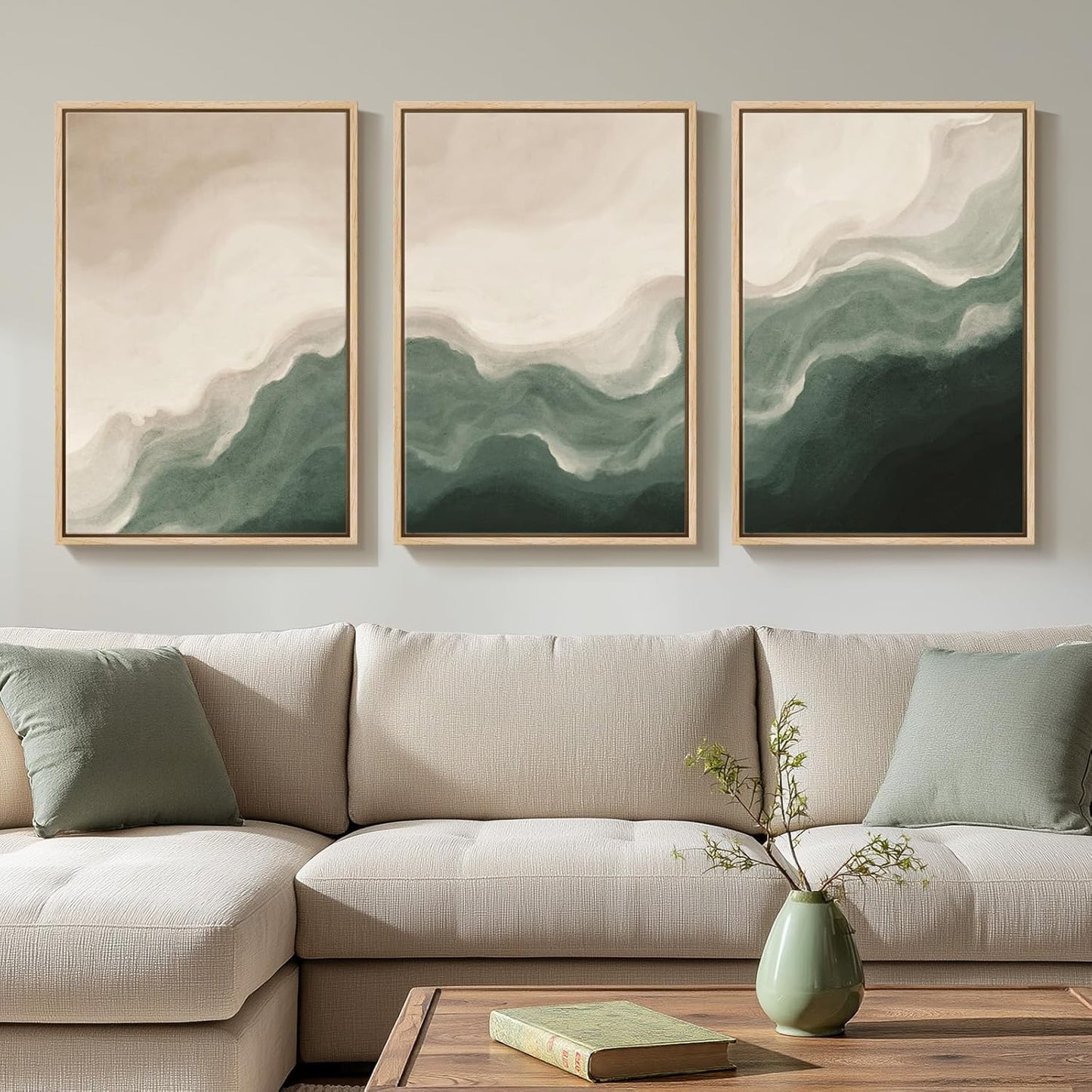 Large Framed Abstract Nature Landscape Wall Art for Living Room, Set of 3 Modern Canvas Prints Paintings Artwork for Walls, Green Lake Pictures for Hallway, Dining Room, Office Wall Decor 24x36 Inch