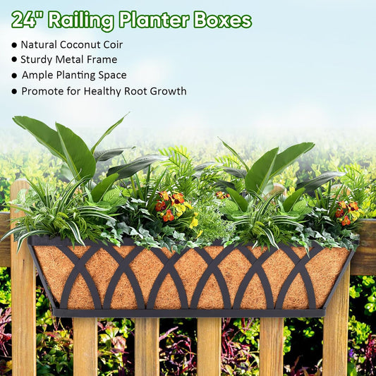 LCHUANG Deck Railing Planter Window Box - 3 Pack 24 Inch Deck Balcony Rail Planter with Coconut Coir Liner, Fence Metal Hanging Flower Planter Basket Deck Railing Planter Boxes for Outdoor Lawn