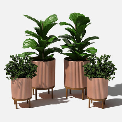 Veradek Demi Series Round Planter w/ Stand for Porch/Patio | Durable Plastic-Concrete & Wooden Stand | Modern Décor for Tall Plants, Flowers