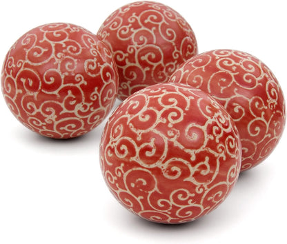 Red Lantern 4" Porcelain Ball Set - Set of 4 Decorative Balls, Red and Beige Vines