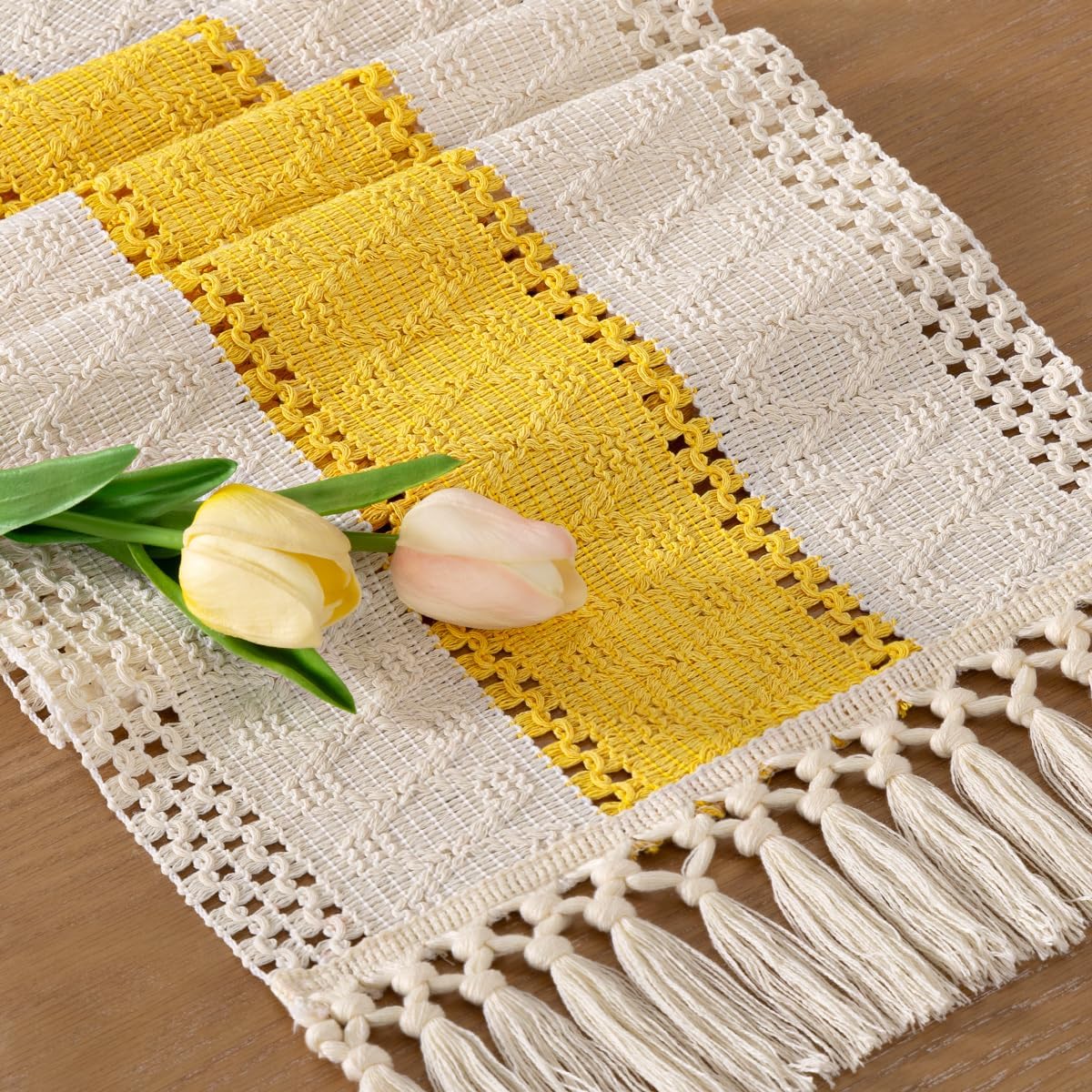 Socomi Boho Table Runner Summer Farmhouse Rustic Dining Kitchen Centerpiece Decor Small Macrame Woven Cotton Linen Coffee Table Runner for Dresser Scarf Home Decor 12x36 inch Beige