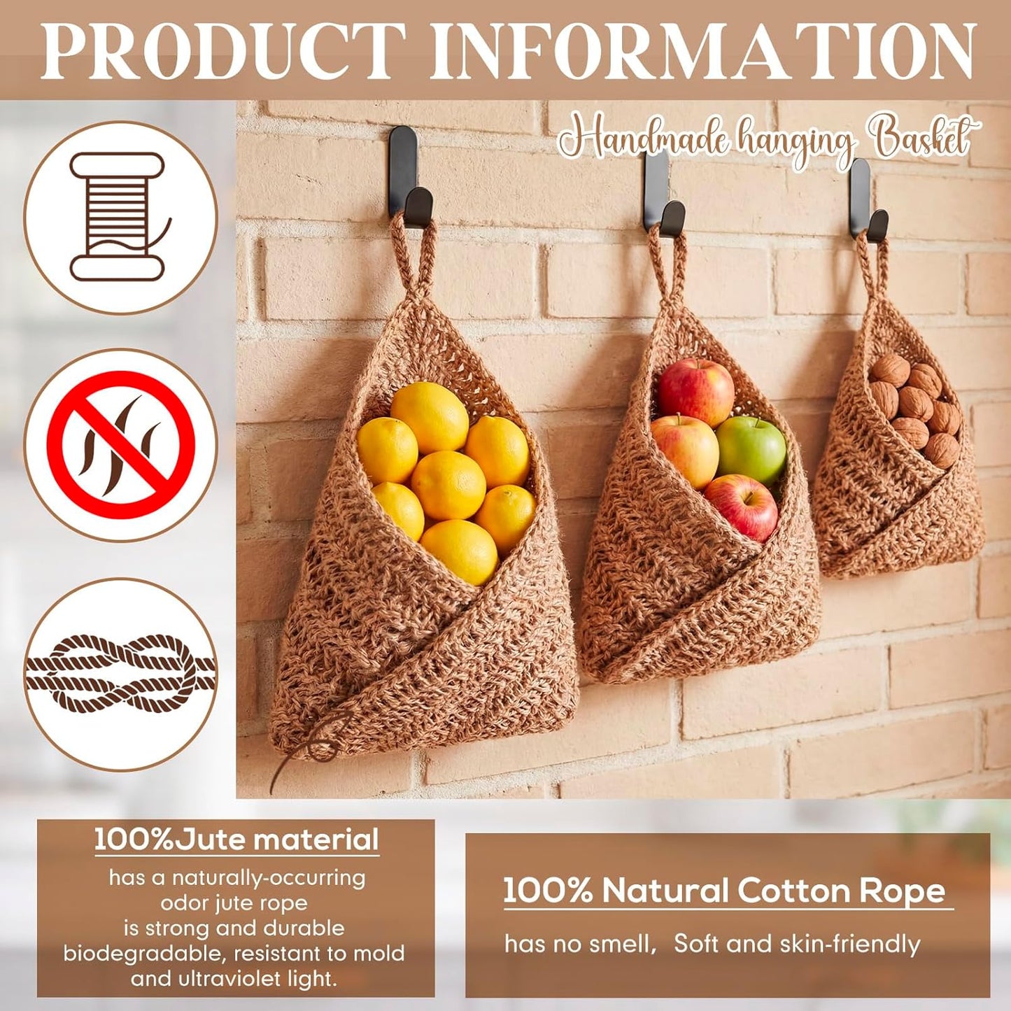 Honeydak Boho Decor Hanging Wall Baskets for Kitchen 3 Pack Teardrop Baskets with Hooks Storage Fruit Onion Vegetable Potato for Home 3 Sizes(Linen,Teardrop,Jute)