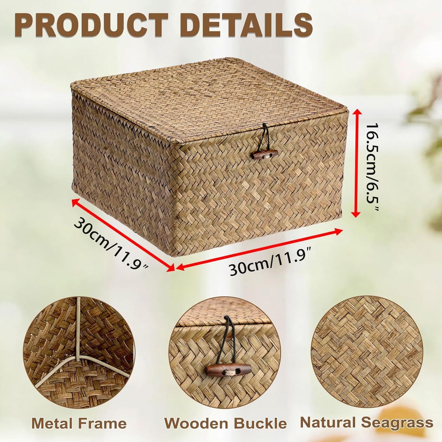 Hipiwe Seagrass Basket with Lid Wicker Storage Basket Square Handwoven Decorative Baskets Box for Shelf Multipurpose Household Baskets Home Decor,X-small
