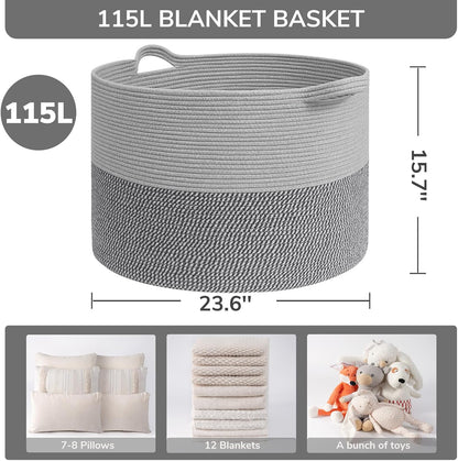INDRESSME XXXLarge Blanket Basket for Living Room 21.7" x 21.7" x 13.8"-Storage Basket with Handle for Organizing Toy Pillows Woven Cotton Rope Laundry Basket Stuffed Animal Toy Storage for Play Room