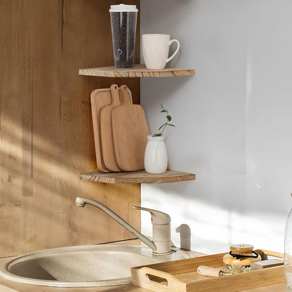 Joiishom Wood Corner Wall Shelves Set of 2, Solid Wood Corner Floating Shelves for Wall, Round End Wall Mounted Floating Corner Shelf for Bedroom, Living Room and Kitchen. (Brown-10 inch)