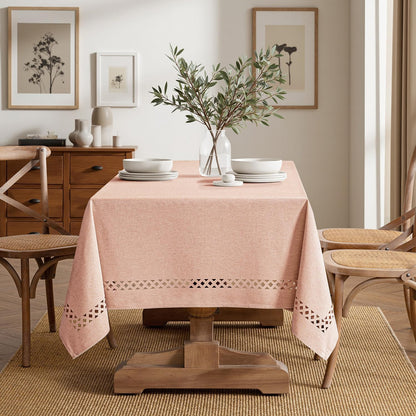MIULEE Beige Rectangle Linen Polyester Tablecloth with Decorative Cutouts Spring Waterproof Stain Resistant & Shrink-Proof Table Cloth 52x70 inch Farmhouse Style for Dining Wedding and Outdoor