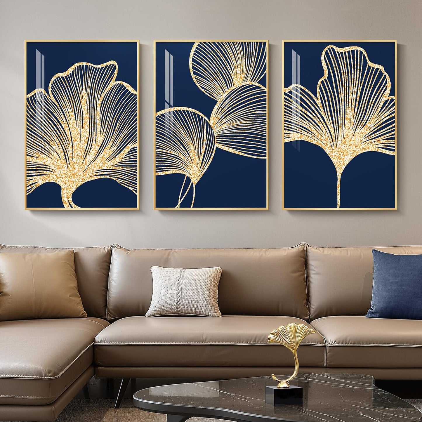 Framed Modern Luxury Gold Wall Art, Set of 3 Piece Contemporary Paintings Artwork for Walls, Golden Prints Pictures with Gold Frame, Wall Decor for Living Room, Hallway, Bedroom, Office 16x24 Inch
