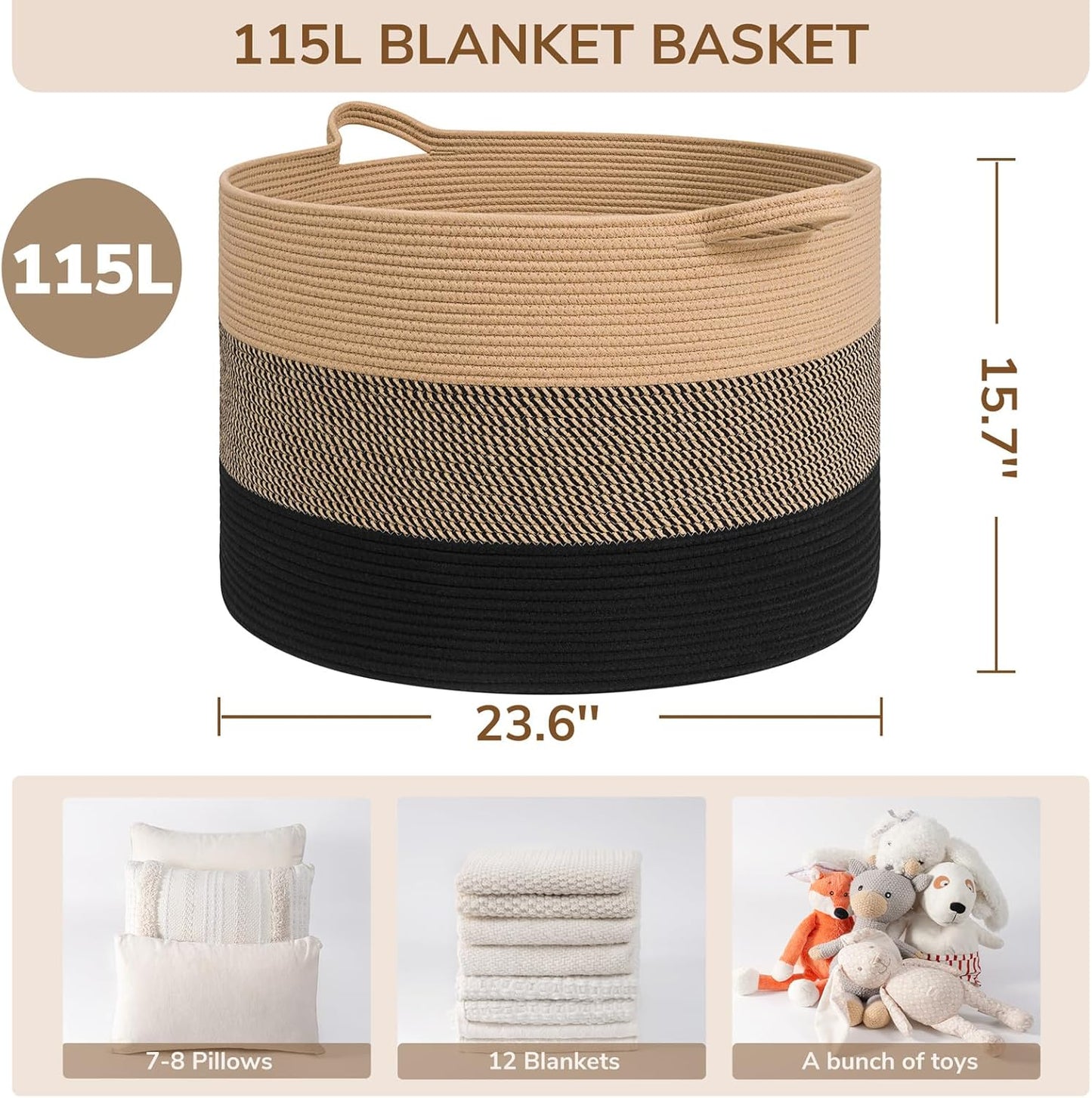 INDRESSME XXXLarge Blanket Basket for Living Room 21.7" x 21.7" x 13.8"-Storage Basket with Handle for Organizing Toy Pillows Woven Cotton Rope Laundry Basket Stuffed Animal Toy Storage for Play Room