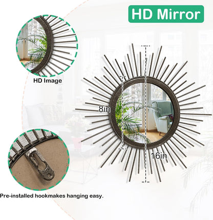 Gold Sunburst Mirrors for Wall Decorative Metal Round Art Mirrors Large Wall Decor Hanging Mirror for Bathroom Bedroom Living Room Vanity Entryway 16"