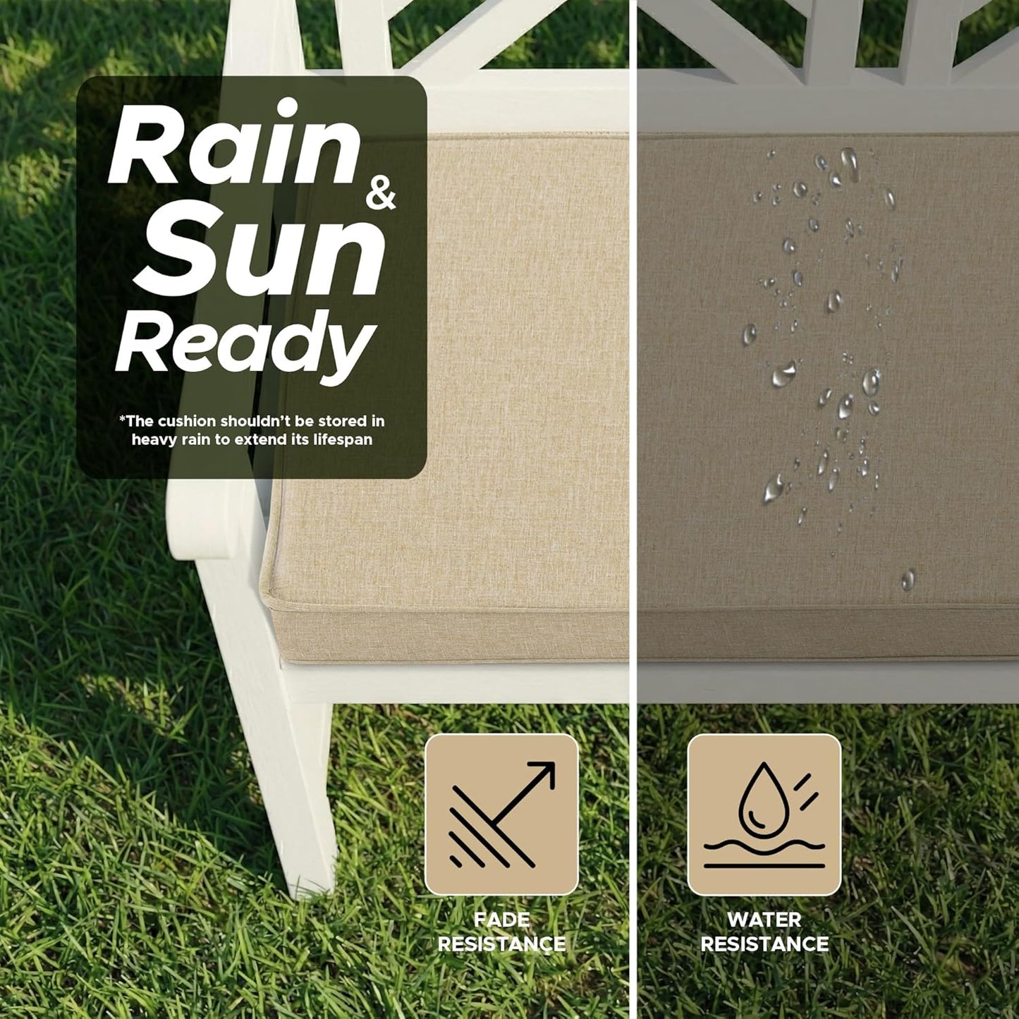 Outdoor Bench Cushion, Water-Resistant & Fade-Resistant, Porch Swing Cushions with Ties, Patio Furniture Seat Pads for Garden Loveseat Settee, Removable Cover Non-Slip Bottom, 48 x 16 Inch, Natural