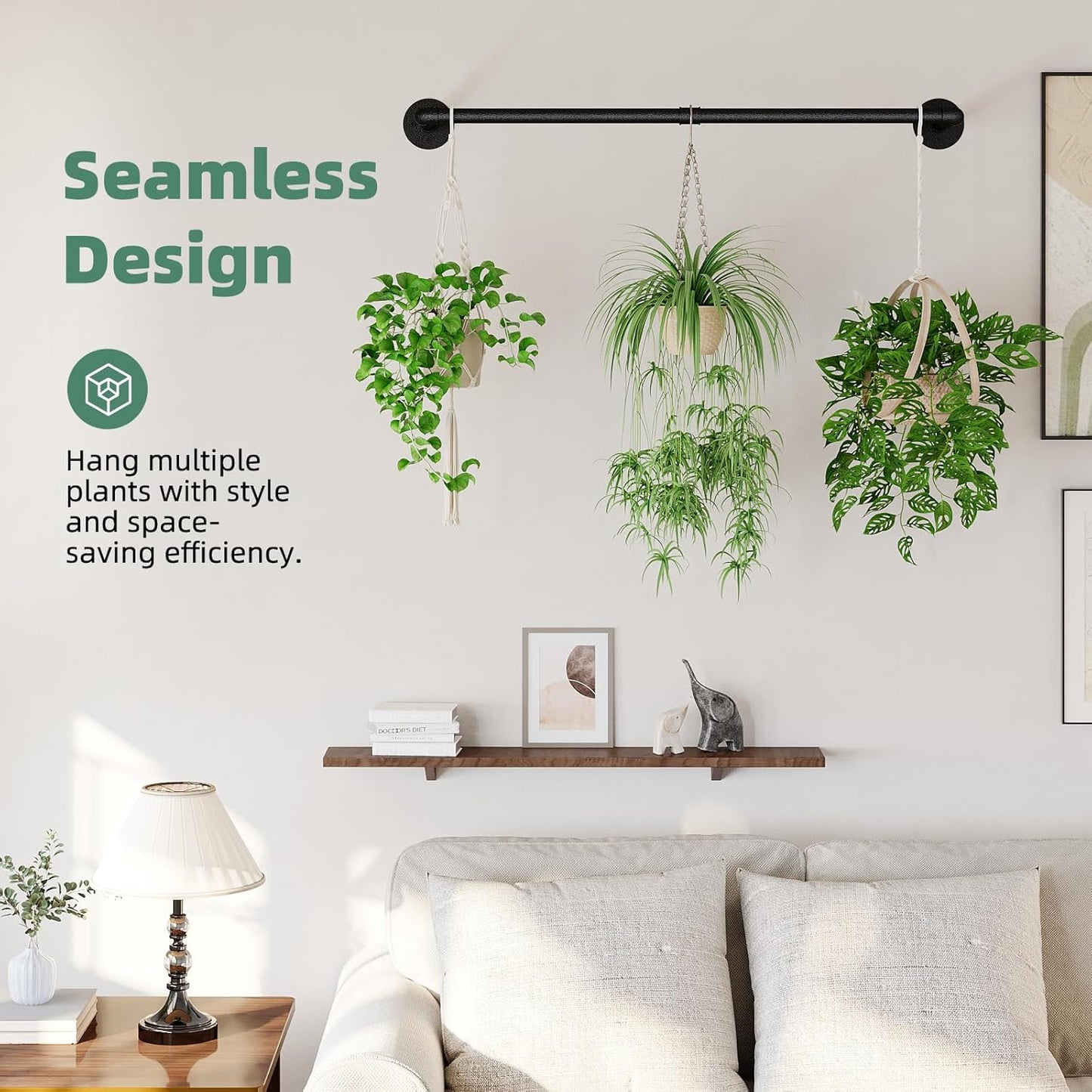 Galood Plant Hanger Indoor with 6 Hanging Chains Hanging Planters for Indoor Plants Hanging Plant Holder Window Plants Rod Black Metal Shelves(70.8 Inch Pot not Included