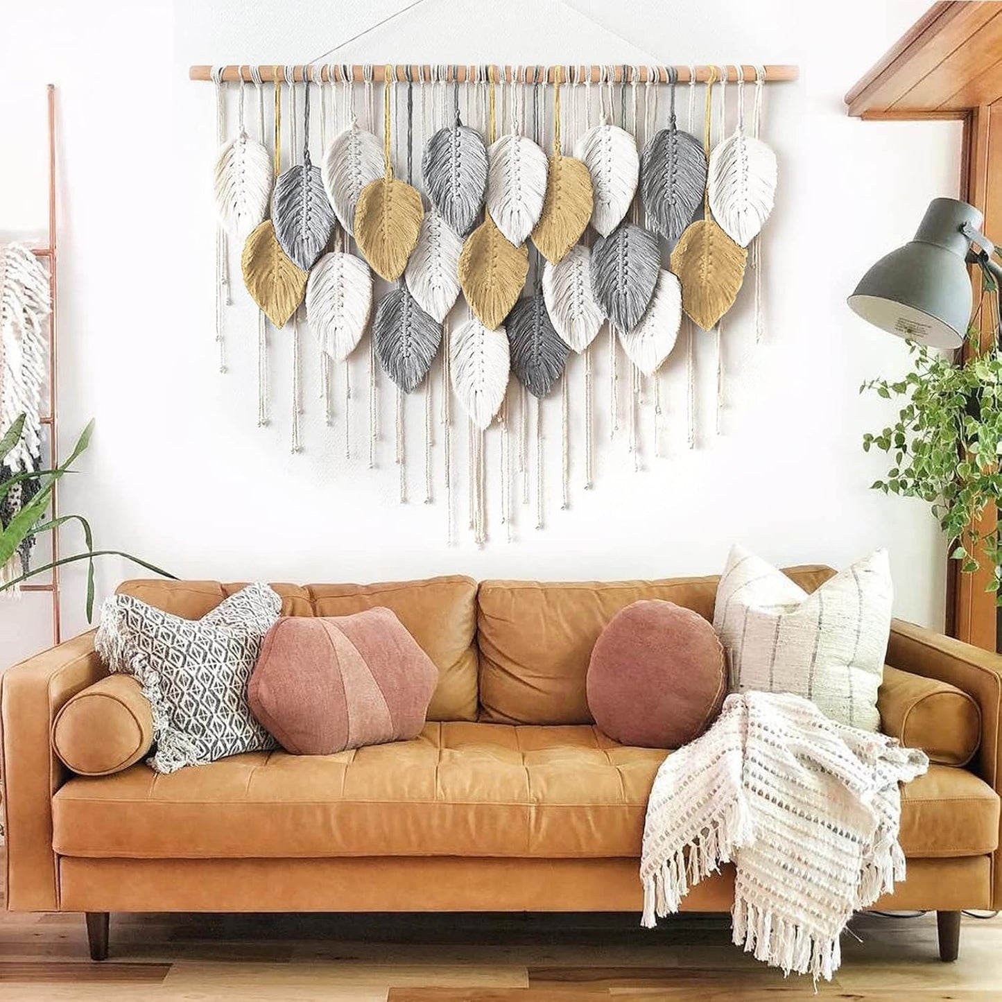 LOMOHOO Macrame Wall Hanging Boho Beige Leaves Tapestry Bohemian Handmade Woven Wall Art Decoration for Bedroom Living Room Apartment Dorm Gallery Perfect Handmade Gift Ideas