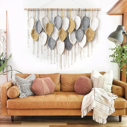 LOMOHOO Macrame Wall Hanging Boho Beige Leaves Tapestry Bohemian Handmade Woven Wall Art Decoration for Bedroom Living Room Apartment Dorm Gallery Perfect Handmade Gift Ideas